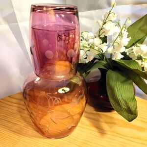 Vintage SC Line Glass - Pink Grape Etched Decanter Tumble Up Set